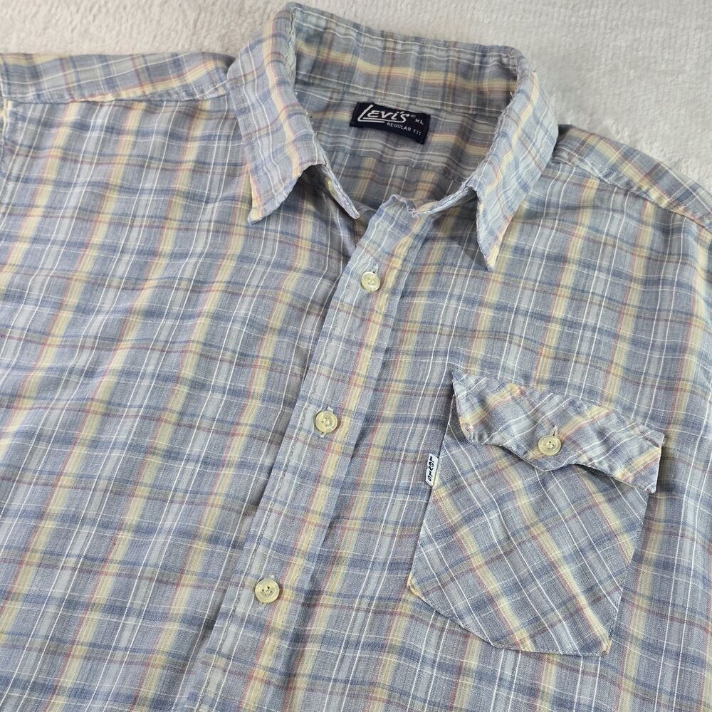 Vintage 80s Levi White Label Shirt Mens XL Blue Plaid Western Thin Lightweight